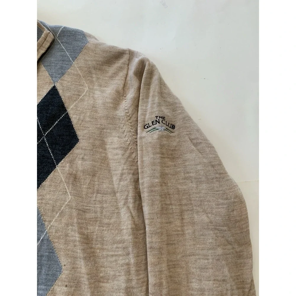 Footjoy Quarter Zip Golf Sweater Mens XXL Tan Beige Argyle 100% Wool Wind Logo